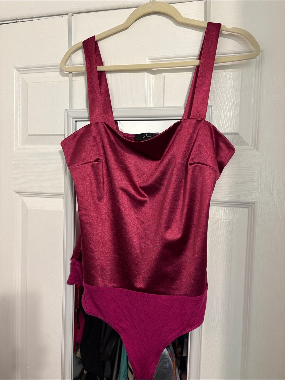 Lulu's Wine Satin Square Neck Tank Bodysuit